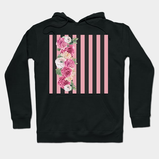 Pink flowers on Black Stripes / Pink roses / Black Pattern / Stripes Hoodie by allthumbs